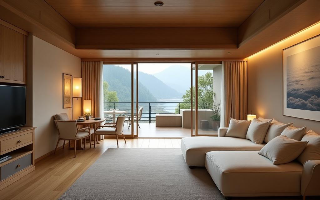 The premium 'Kiku' suite, featuring a spacious living area and a private open-air bath on the balcony.