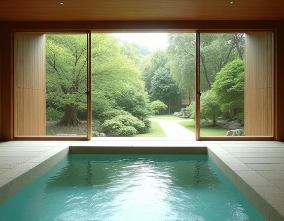 A serene indoor onsen at Takinoya with large windows facing a Japanese garden.